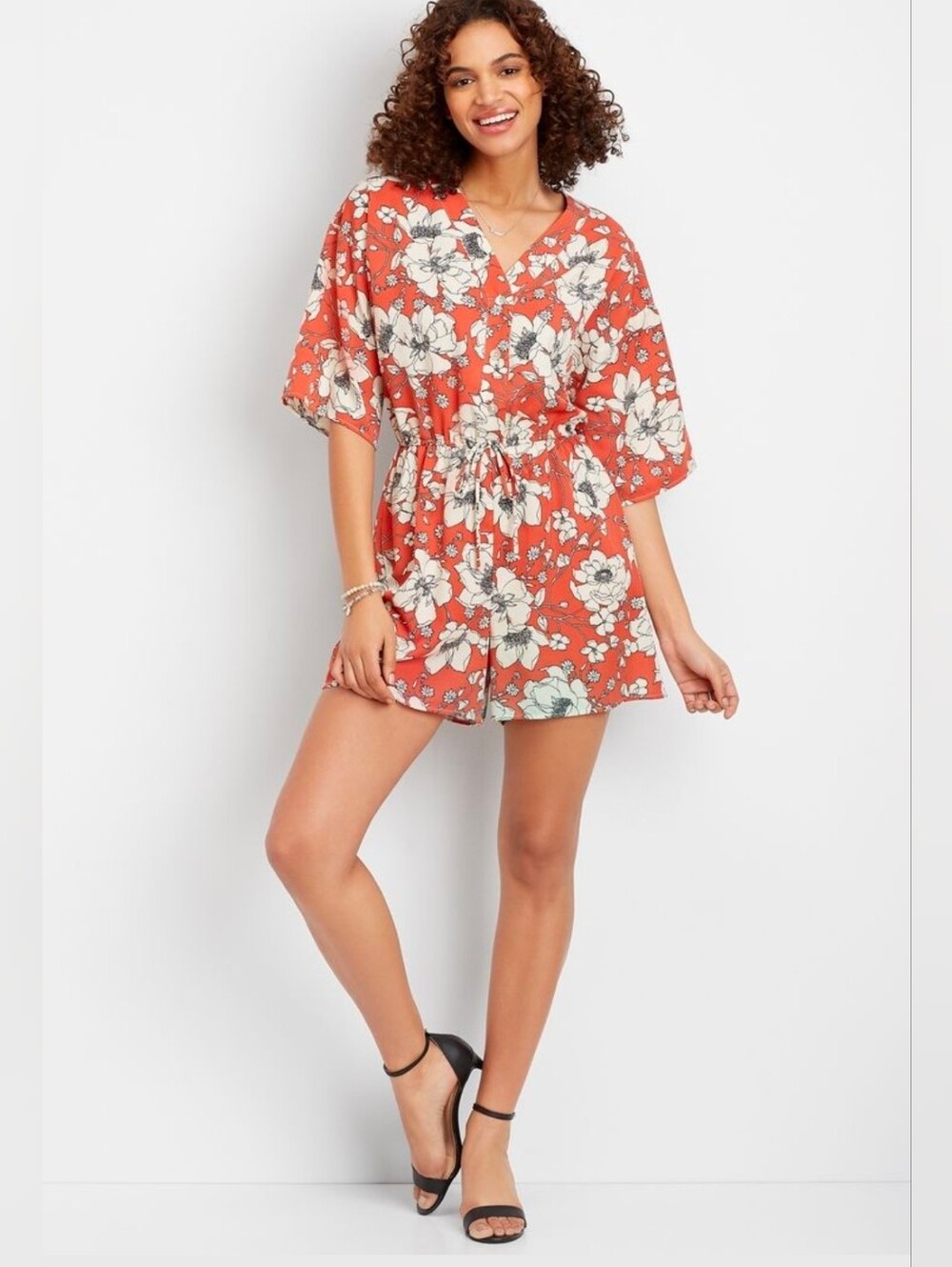 maurices - Rust Floral Drawstring Waist Romper
